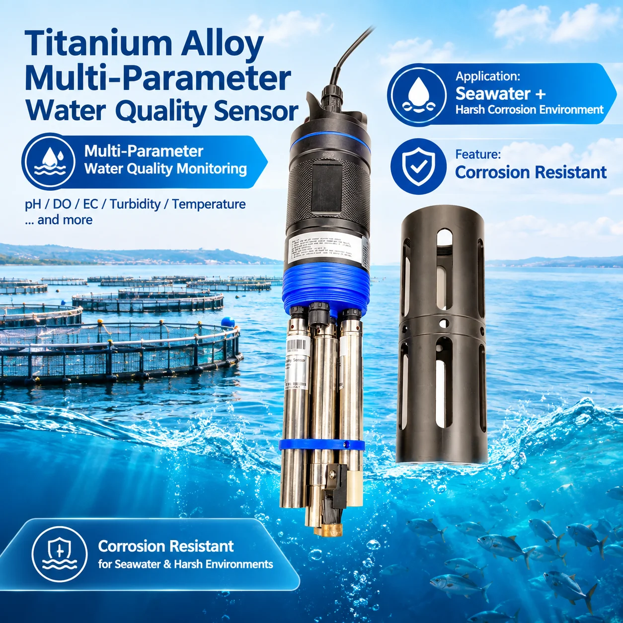 Multi Parameter Aquaculture Seawater Tester DO ORP Ph Turbidity Ec Meter Corrosion Resistance Titanium Alloy Sensor