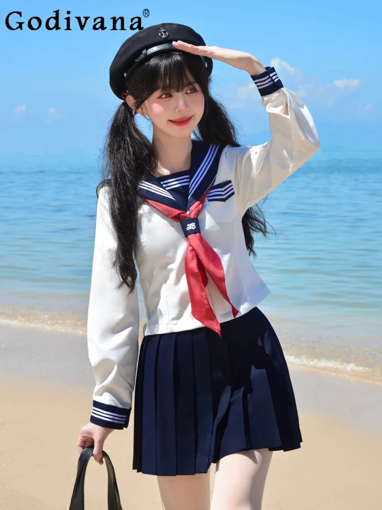 

Large Size JK Women Japanese Cyan Sailor College Long Sleeve Loose Shirt Spring Autumn Versatile High-waisted A-line Skirt Sets