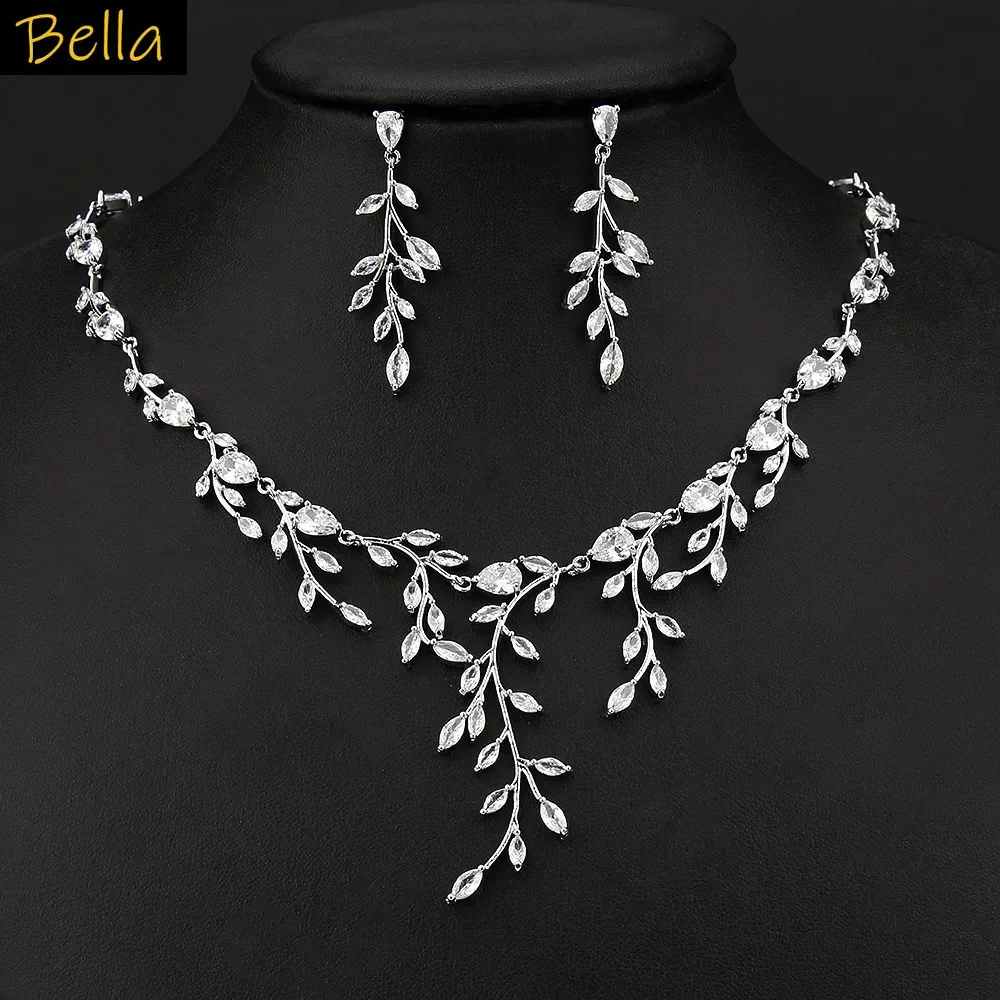 

Jewelry Sets 2pcs Necklace Earrings Leaf Plant White zirconia Wedding Banquet Party Luxury Jewelry Elegant Gift Anniversary