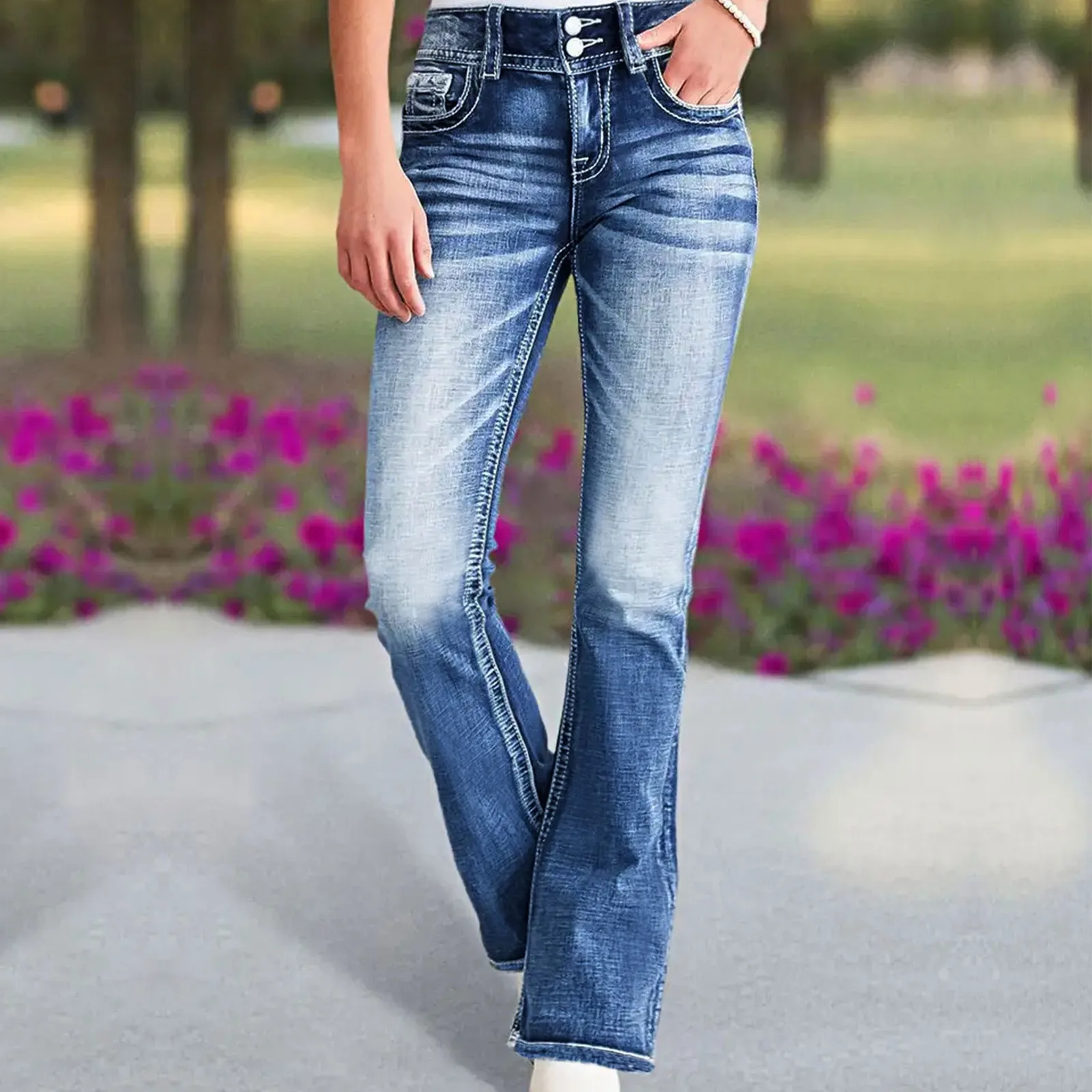 Women Slim-Fit Stretchy Micro-Flared Jeans-Casual Chic Deep Blue Denim Pants with Double-Buttons Pocket Zipper For Daily Wear