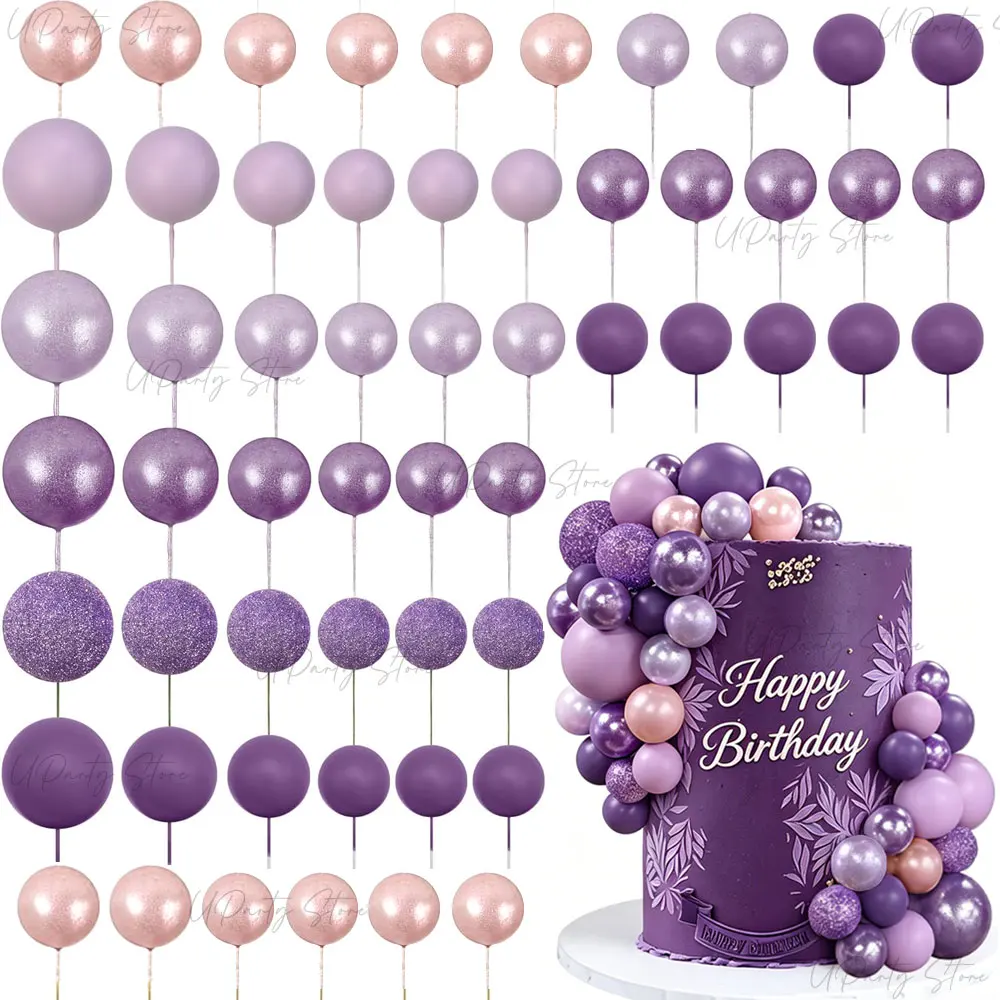 55pcs Purple Ball Cake Decoration Glitter Glossy Purple Lavender Ball Picks Cupcake Cake Topper for Birthday Wedding Party Decor