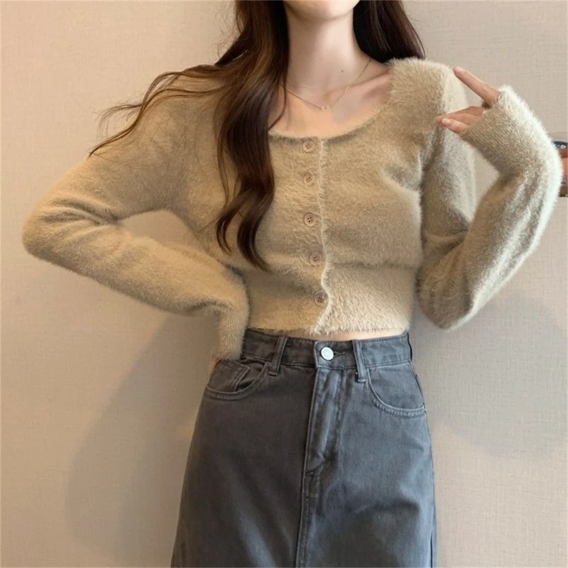 Women Furry Knitted Long Sleeve Cardigan Sexy Square Neck Button Down Solid Color Slim Fit Sweater Lady Casual Knitwear Crop Top