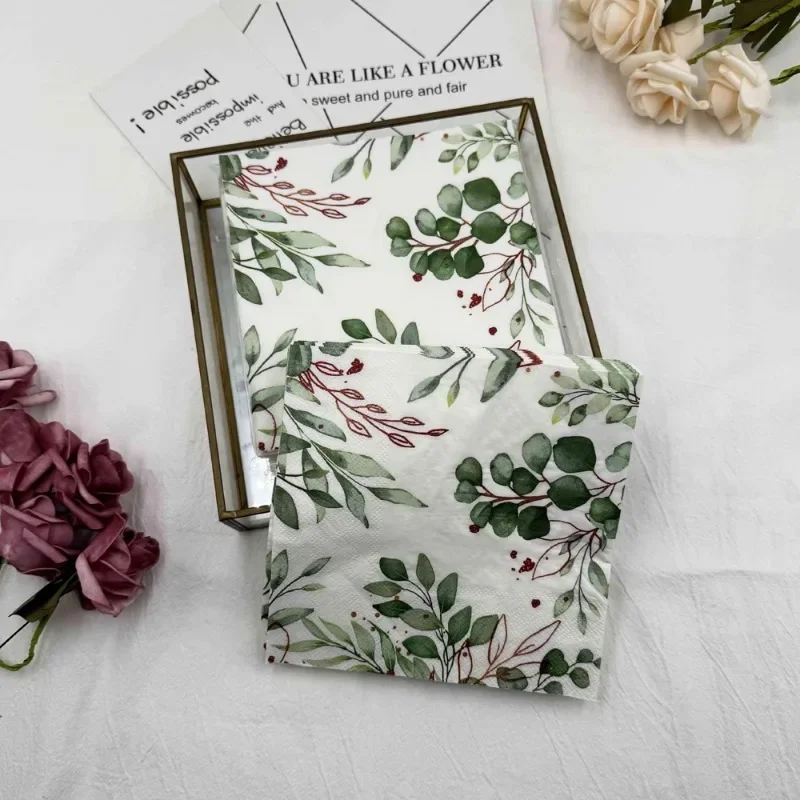 10/20pcs/Pac Printed Napkin Green Leaf Folded Paper Placemat Wedding Party Wine Glass Flower Paper DIY Butterfly Bone Bart Paper