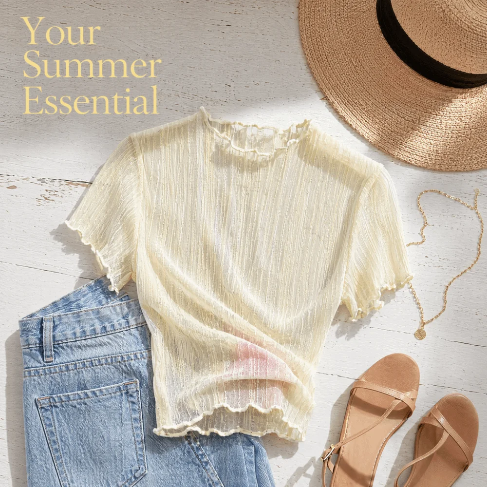 Elegant Nylon Silver Thread Lace Top Lace Semi-sheer Mesh Fabric Short Sleeve Mesh Tee Short Sleeve Camisole Dress Inner Women