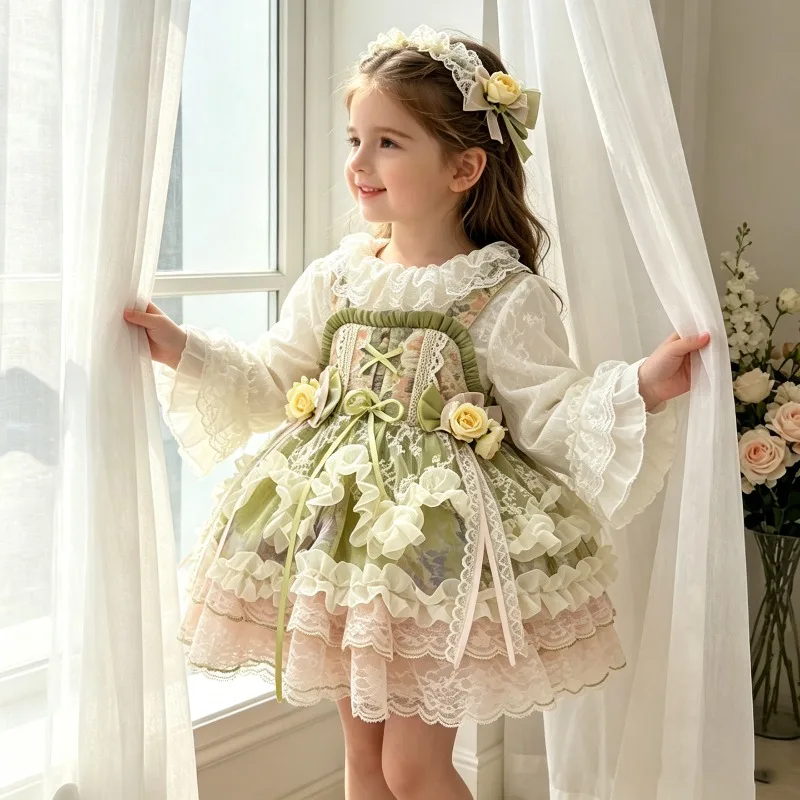 Kinder Lolita JSK Kleid Spitze Rüschen Spaghettiträger 3D-Blume Rosa Gerüschter Tüllrock Süßes Prinzessinnen-Teeparty-Kinderoutfit – Detail 5