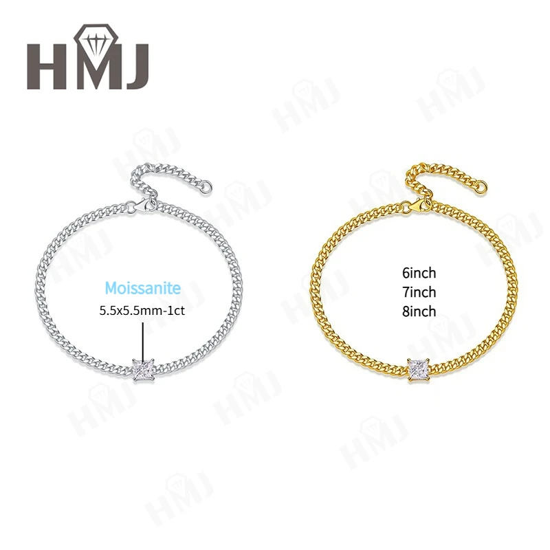 

925 Sterling Silver Bracelet 1ct D Color Moissanite Princess Cut Fashion Jewelry Gift For Women Anniversary White Gold 6/7/8inch