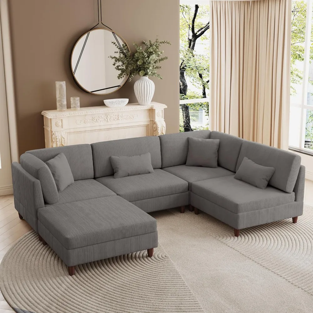 

Modular Sectional Sofa Couch with Ottoman, Corduroy 5-Seater Upholstered Convertible Sofa Set Lounge Chaise for Living Room, Ov