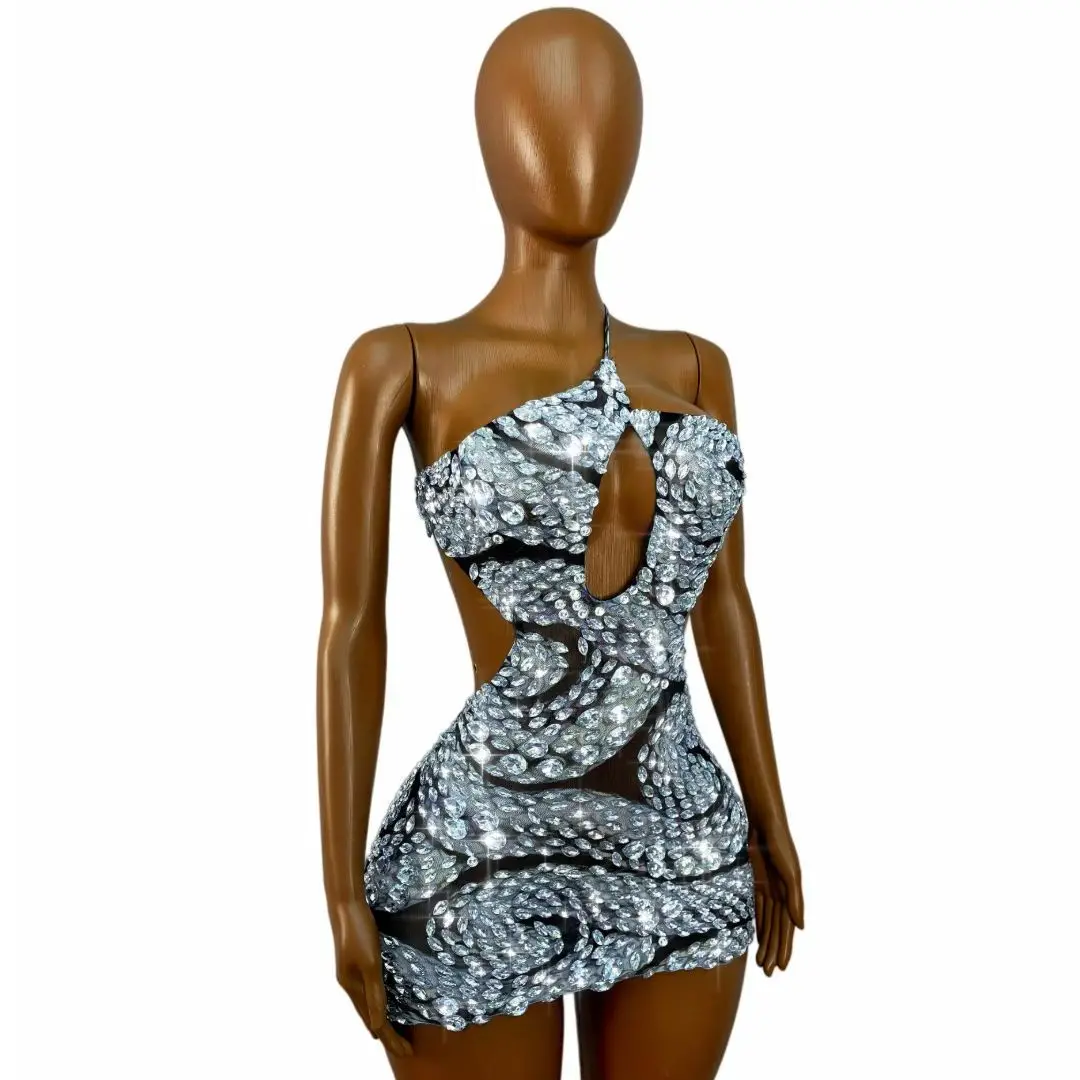 Lianbaishe Elegant Black Mesh Swirl Rhinestone Bodycon Mini Dress One Shoulder Thin Strap Hollow Waist Gala Party Outfit