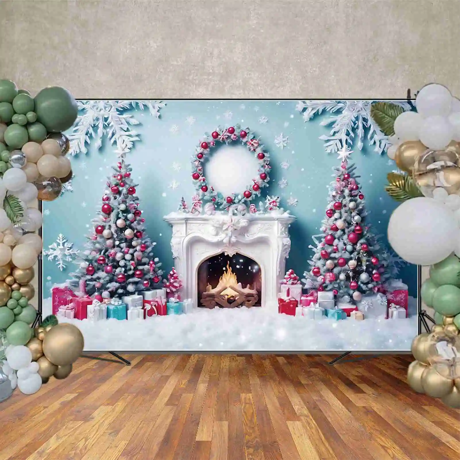 MOON.QG Blue Frozen Christmas Party Photography Backdrops Western Living Room Fireplace Backgrounds Photo Studio Photozone Props
