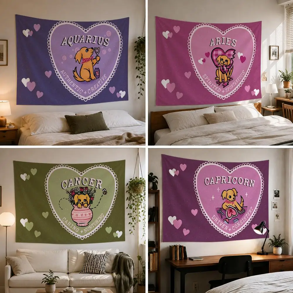 puppy love zodiac signs Tapestry Custom Living Bedroom Party Dormitory interior Wall bohemian Decoration Attached clip