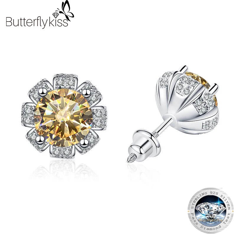 

Butterflykiss 1 Carat 100% Moissanite Flower Stud Earrings For Women Screw Thread Ear Studs 925 Silver Jewelry Pass Diamond Test