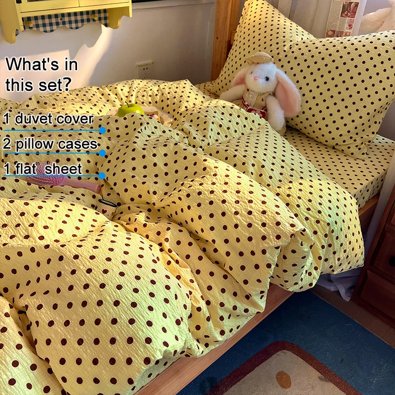 Bright Yellow Polka‑Dot Bubble Crinkle Bedding Set 4‑Piece,1 Duvet Cover,1 Flat Sheet & 2 Pillowcases,Soft Breathable Bed Linens