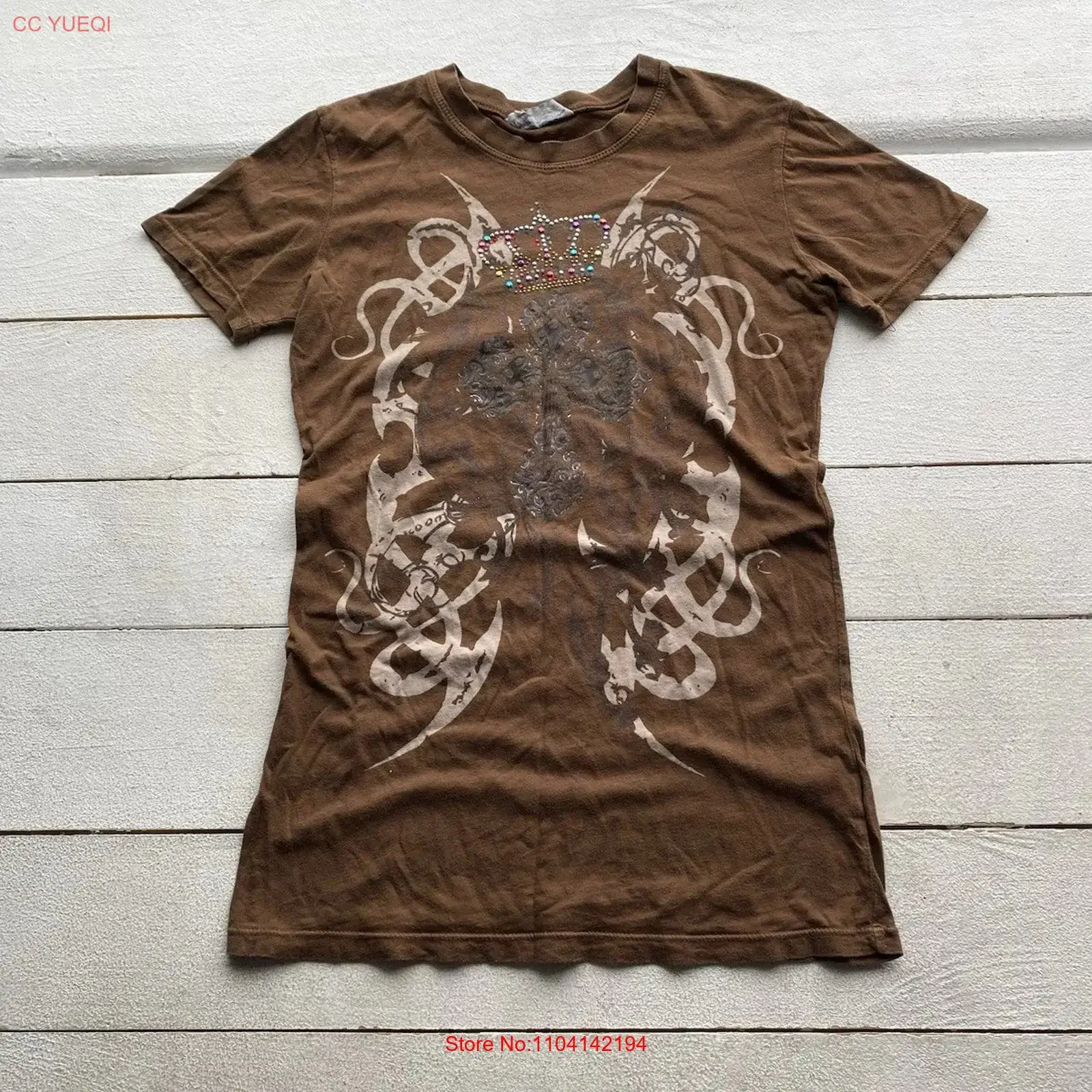 Opium Punk Rhinestones Cross Brown Sugar Rox Large Womens Top T Shirt Emo vintage Washed fashion Versatile Breathable