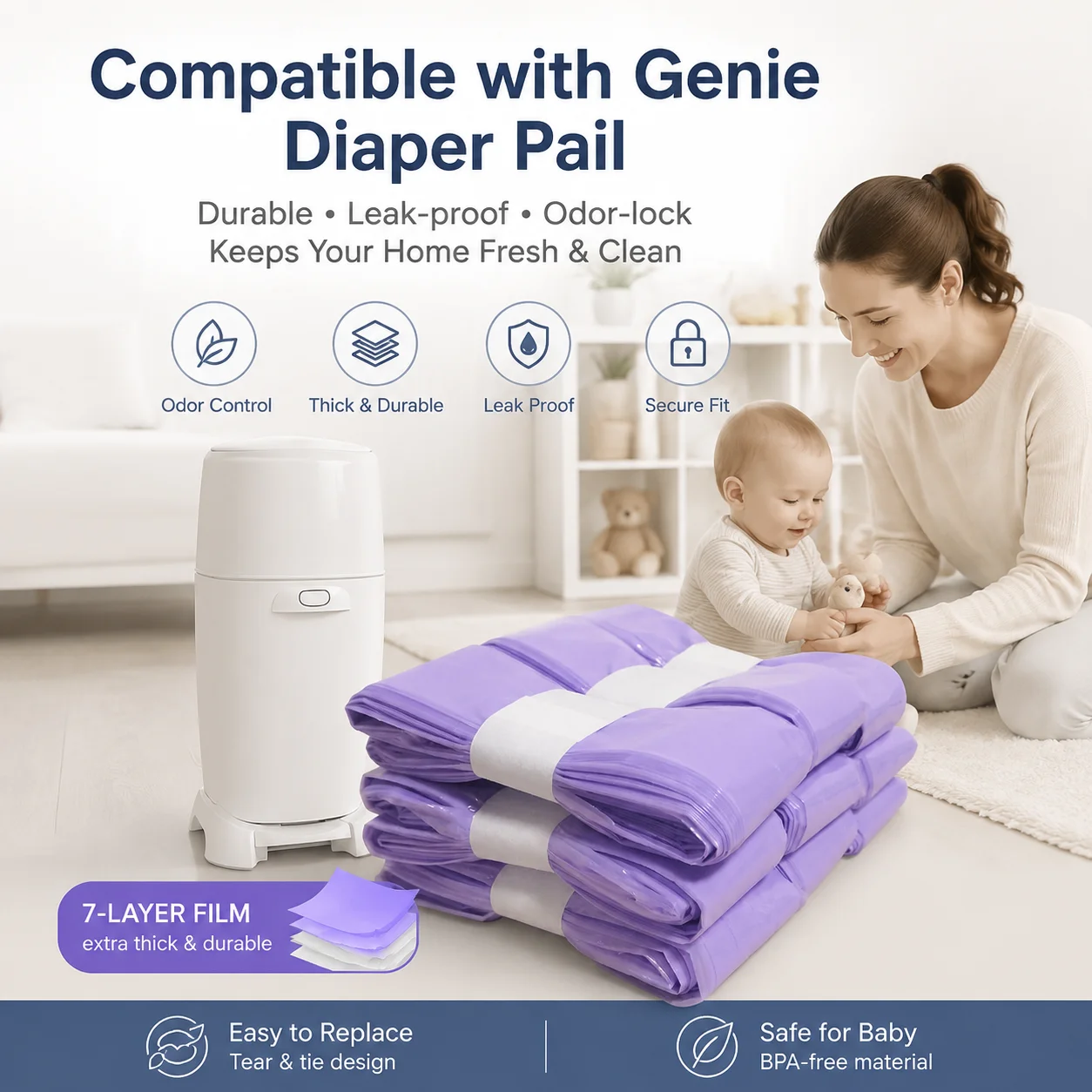 Eco-Friendly Antibacterial Thickened Seal Anti-Odor Compatible with Genie Diaper Pail Disposable Baby Diaper Refill Trash Bags