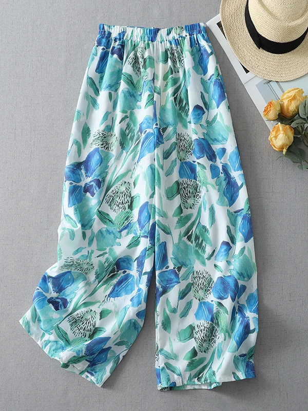 

Casual Versatile Pure Color Elastic Waist Linen Wide Leg Pants Printed Loose Fit Neutral Style Straight Leg Pants Summer Coll...