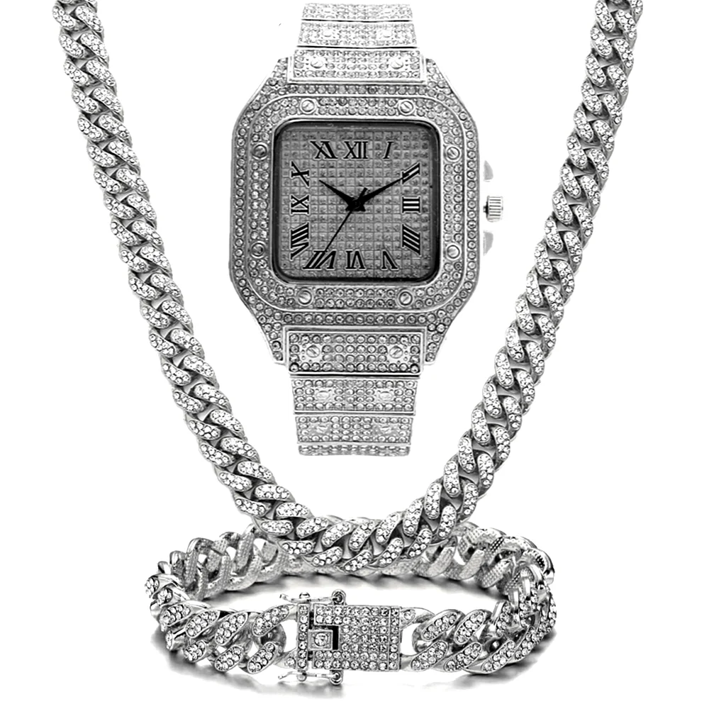 Luxury Jewelry 3pcs Set Bling Iced out Cuban Link Chain Necklace Watch Bracelet For Man Street Club Rap Holiday Birthday Gifts