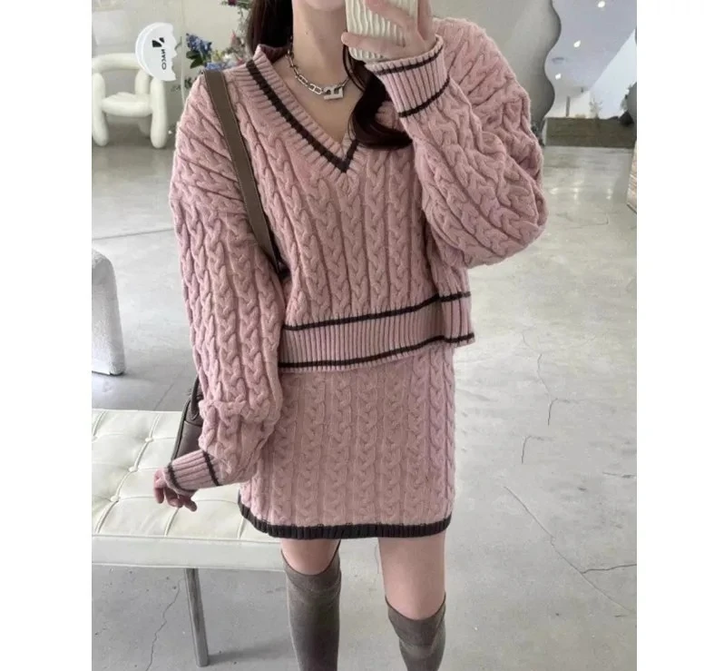 

Korean Chic Autumn Winter Color Block Sweater High Waist Bodycon Knitted Mini Skirt Two Piece Set for Women
