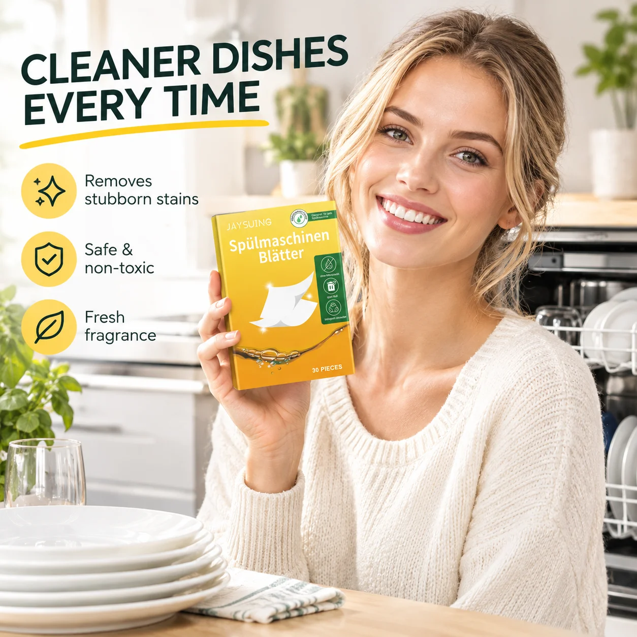 Jaysuing Dishwasher Detergent Sheets Deep Cleaning Decontamination Quickly Decompose Grease and Stain Dishwasher Tablets 30PCS
