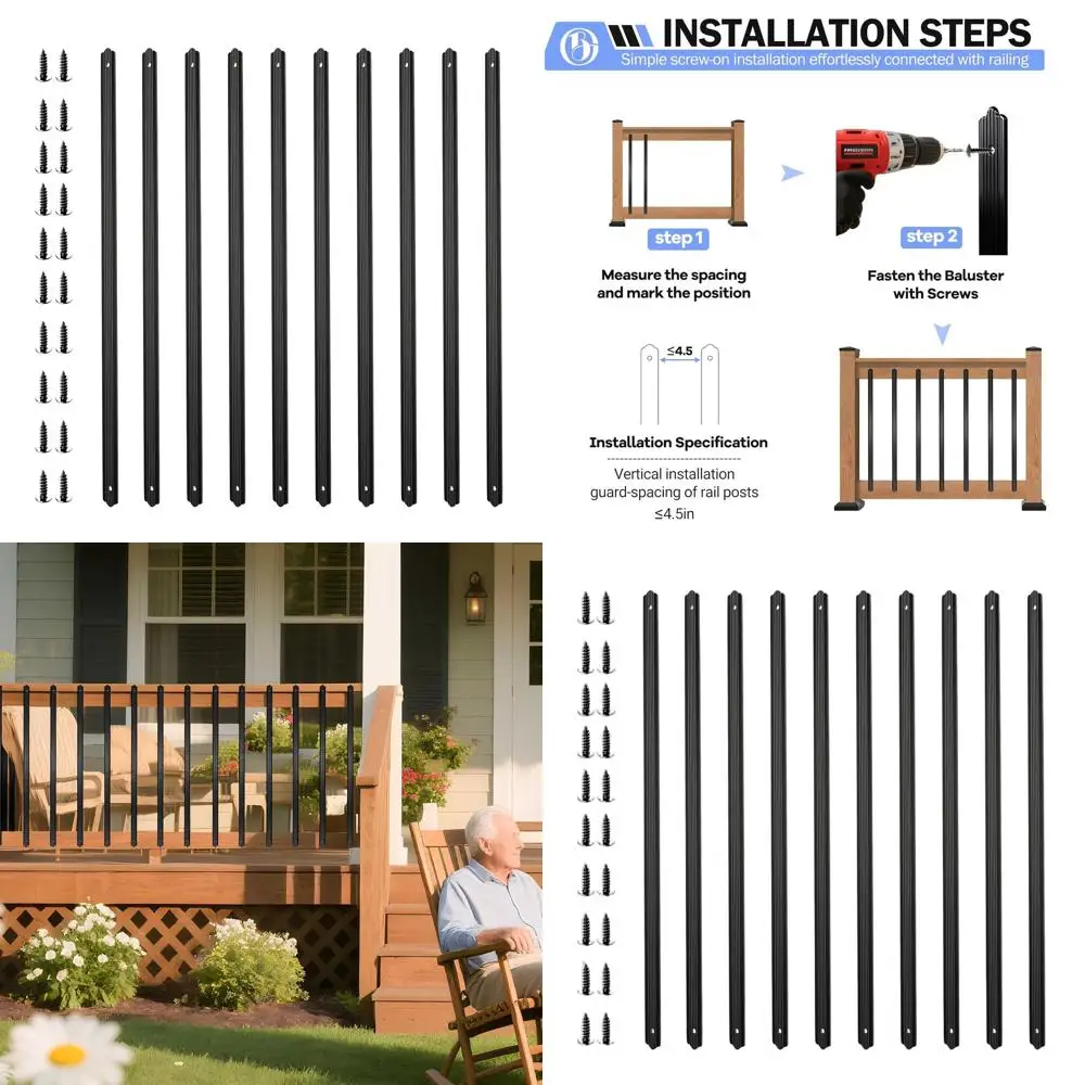 32 Black Aluminum Balusters, Deck Railing Spindles with Screws, Outdoor Staircase Porch Railing Accessories