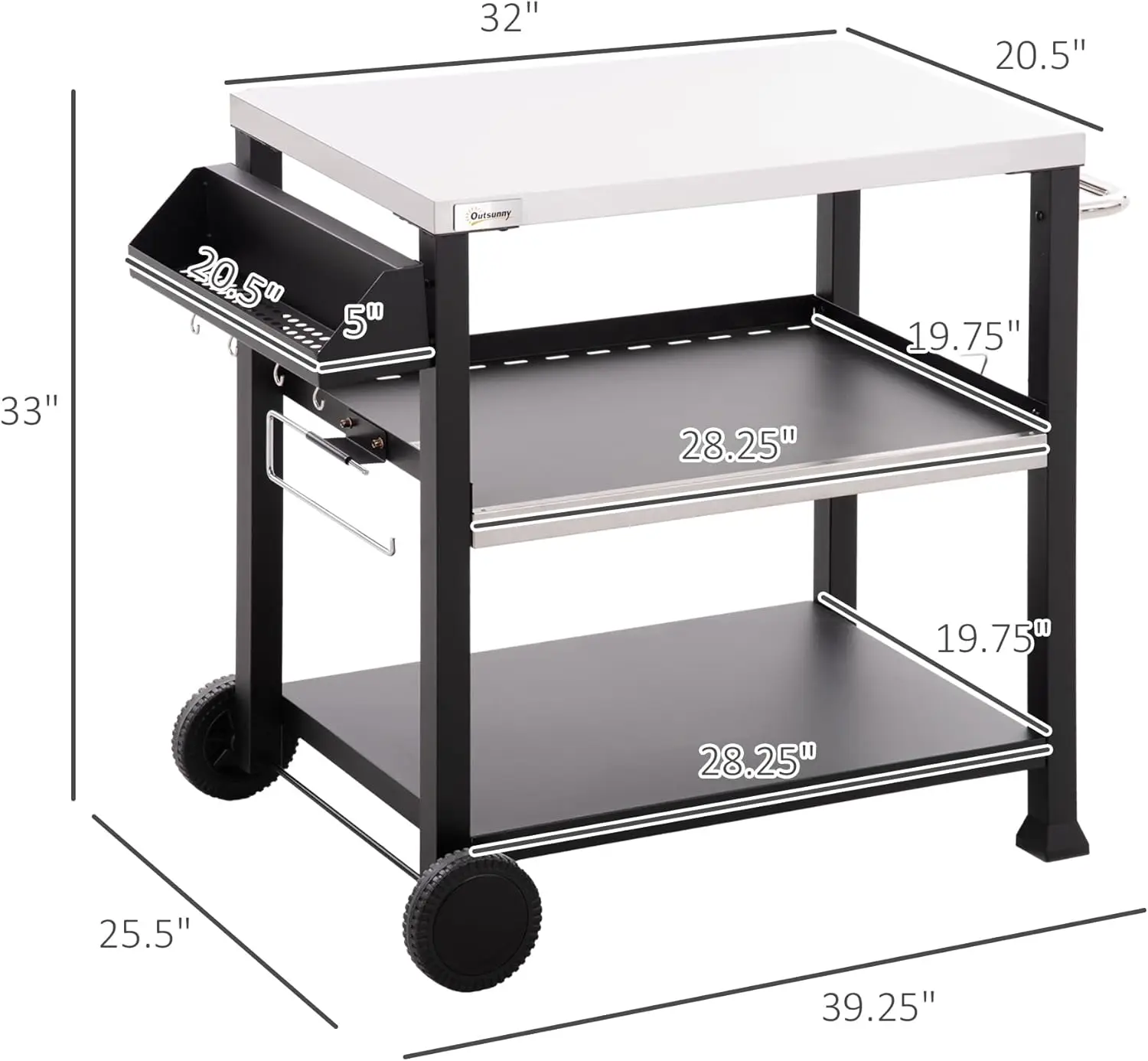 Outsunny-Outdoor Grill Carrinho, Mesa De Aço Inoxidável, Alça Lateral, Forno De Pizza Multifuncional, 32 "x 20.5"