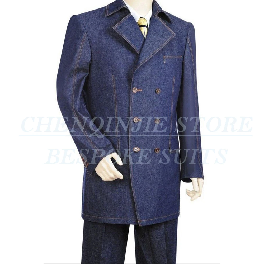 High Quality Men's Long Suits Elegant Double Breasted Stand Lapel Blazer Customzied Denim 2 Piece Jacket Pants Costume Homme