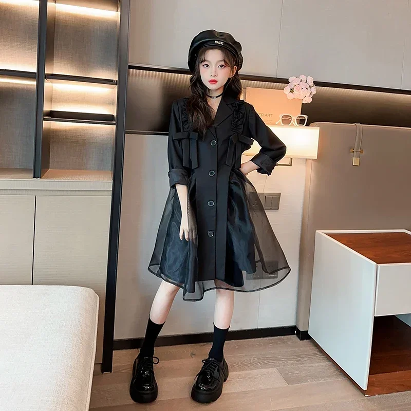 Spring Autumn Kids jacket Teenage girl dress 5-12T Young Girls Blazers Dresses Suit Two-pieces Suit Stitching yarn Skirt Coats