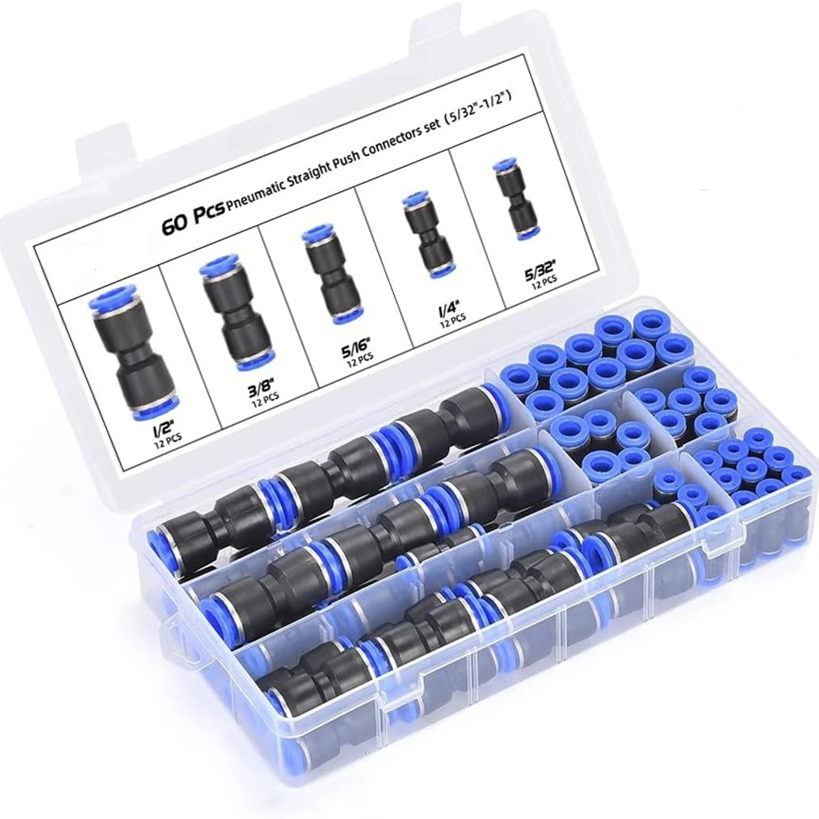 60Pcs 4/6/8/10/12mm Straight Push Connectors Quick Release Pneumatic Fittings Kit Push To Connect Air Water Hose Tube