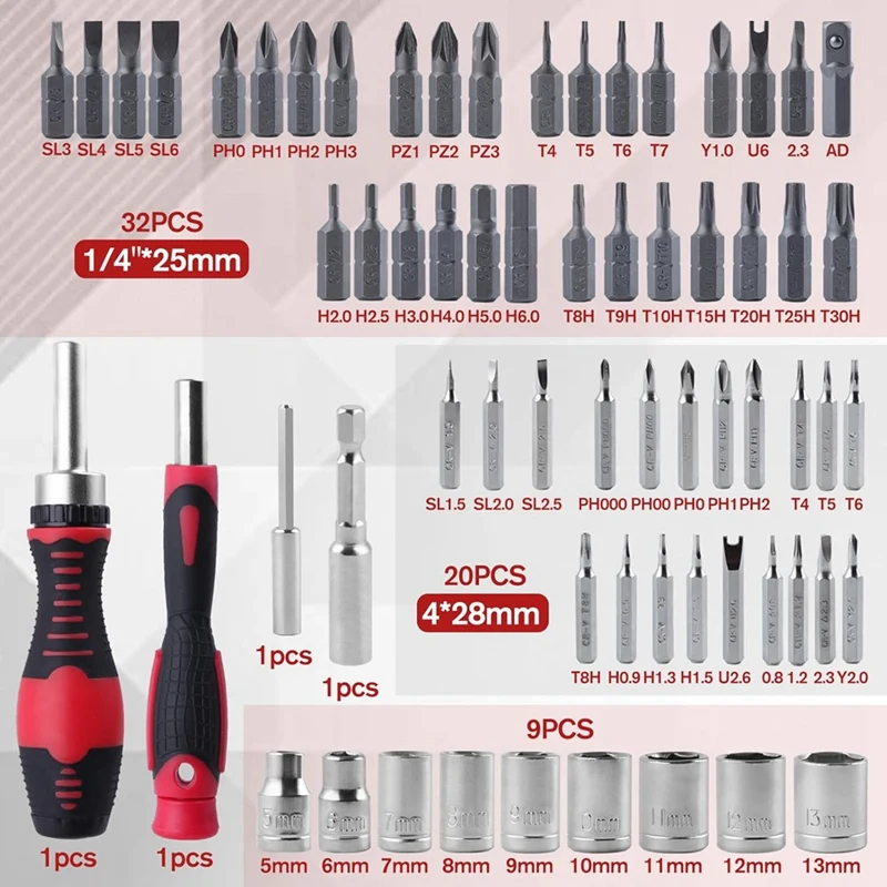 BAAG-65PCS Set Mata Obeng & Soket Ratcheting, Set Mata Obeng Multi Alat Obeng dengan Pegangan Ratchet