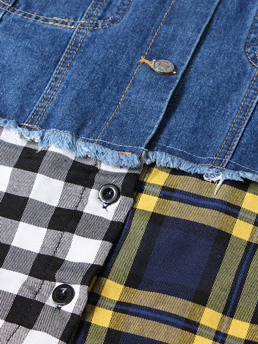 CHICEVER-Veste en jean à carreaux pour femme, blouson à manches longues, avec revers, style décontracté, à la mode