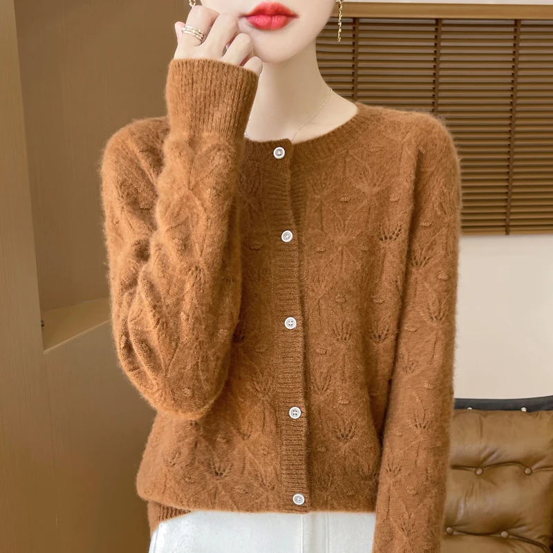 2024 Autumn/Winter New Round Neck Hollow 100% Merino Wool Knitted Cardigan Women\'s Versatile Coat Loose Casual Sweater DMR D281