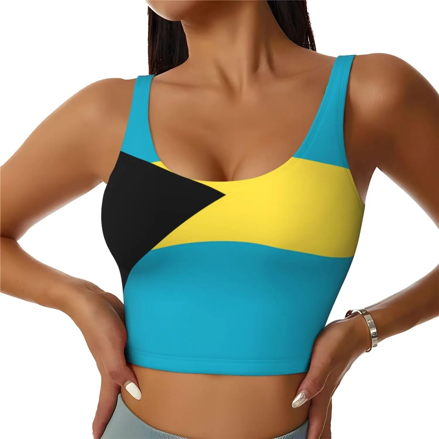 سترة رياضية نسائية بعلم البهاما، حمالة صدر رياضية مع ظهر على شكل حرف U وحشو قابل للإزالة، قمصان بدون أكمام لليوجا واللياقة البدنية والبيلاتس