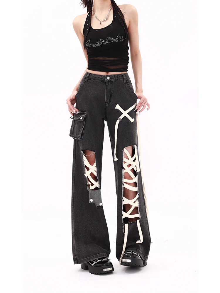 Women's Black Gothic Y2k Ripped CargoJeans Vintage Harajuku Hollow Out Denim Trousers Emo Cowboy Pants Trashy 2000s Clothes 2024