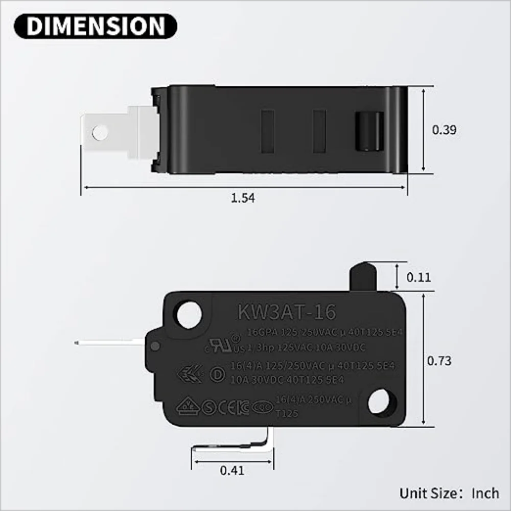 DaiertTek-microinterruptor KW3AT para microondas, 2 piezas, interruptor para microondas normalmente cerrado, 16A, 125VAC/250VAC, T125 para Kenmore