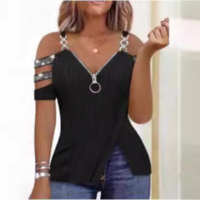 2023Europe and America Cross Border Hot DrillingVCOLLAR off-the-Shoulder Metal Strap Zipper Raglan Sleeve VestTT-shirt Sunken St