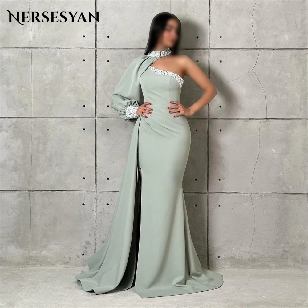 

Nersesyan Elegant Pearls Mermaid Evening Dresses One Shoulder With Detachable Sleeves Prom Dress Beading Celebrity Party Gowns