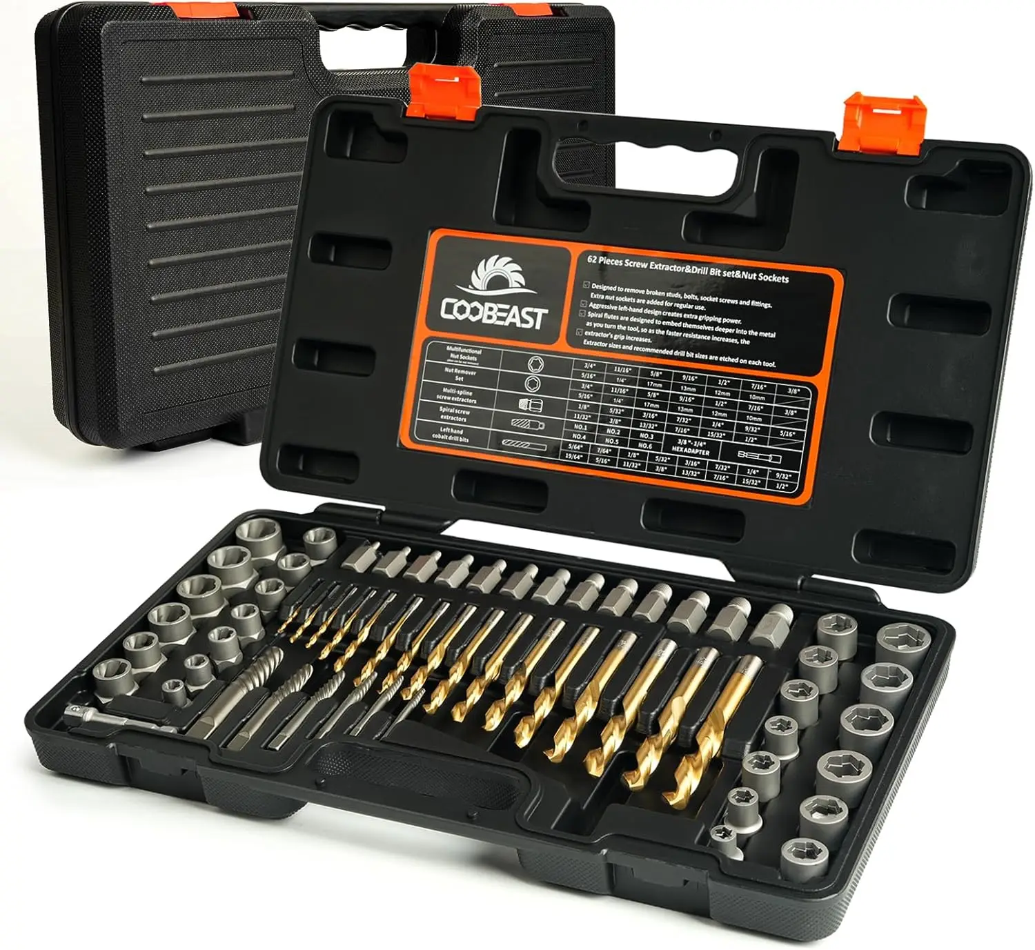 62Pcs Screw Extractor Set with Left Hand Drill Bit, Bolt Extractor Kit Heavy Duty, Easy Out Extractor Socket Set