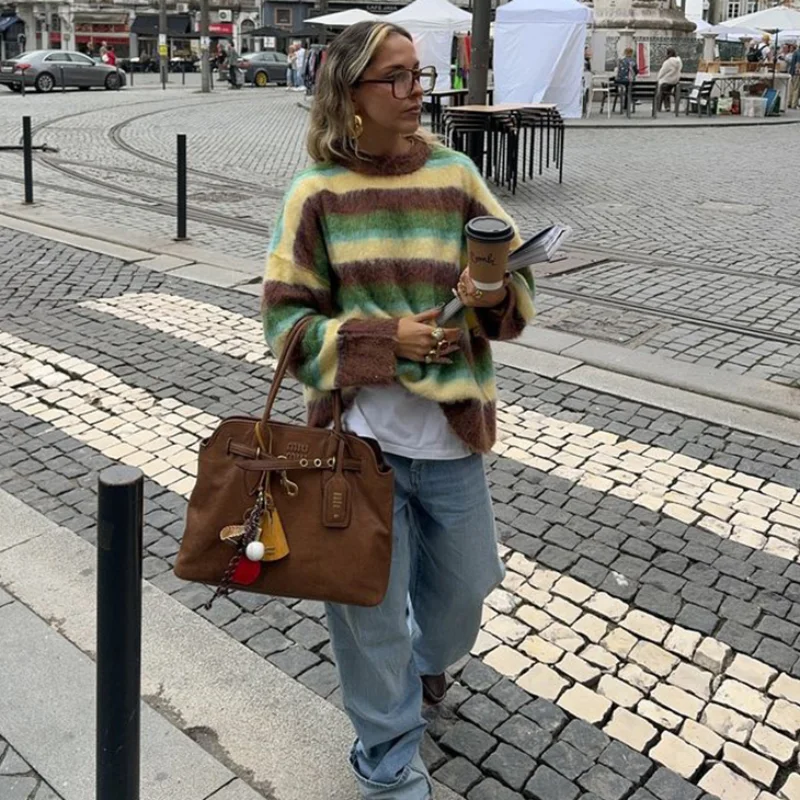 Colorful Stripe Knit Sweater for Women Retro Academic Style Pullover Soft Comfortable Casual Top with Relaxed Fit