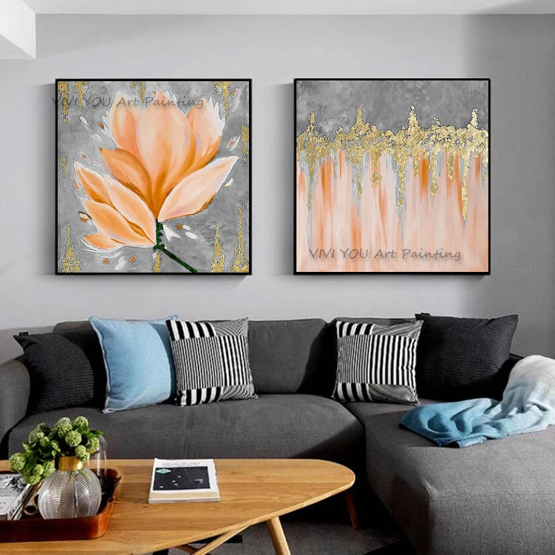 Handpainted Wall Oil Painting On Canvas Thick Textured Peach Lotus Gold Flake Oil Painting for Bedroom Sofa Decor