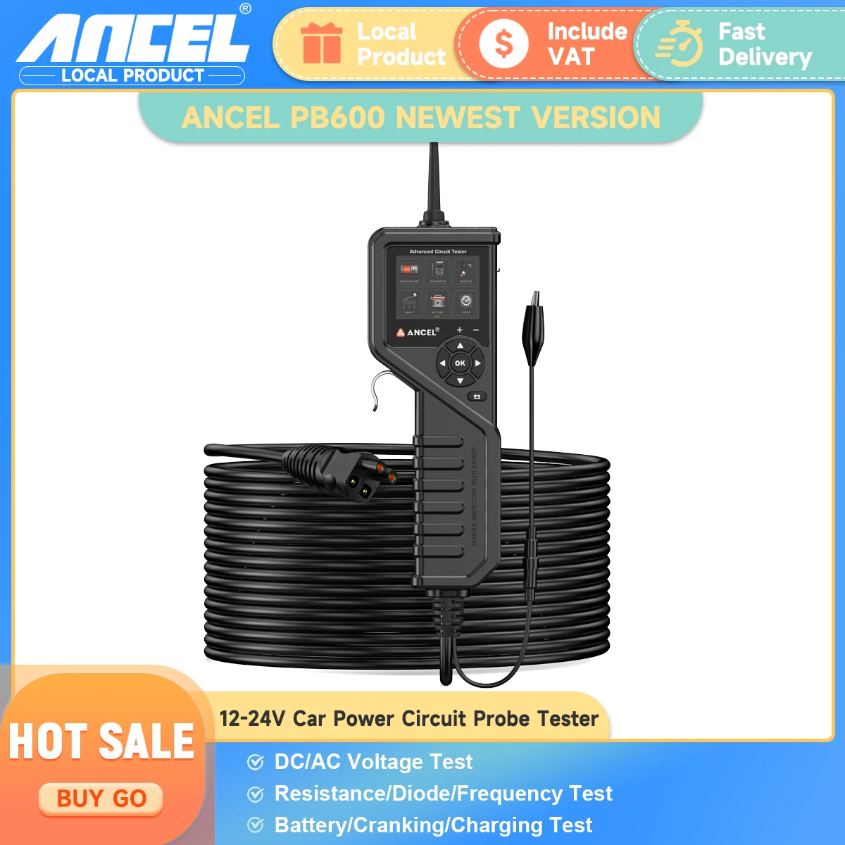 

ANCEL PB600 12 В/24 В автомобильный зонд комплект тестер цепей тест на расстояние электрический ток тест напряжения автоматический инструмент для проверки батареи