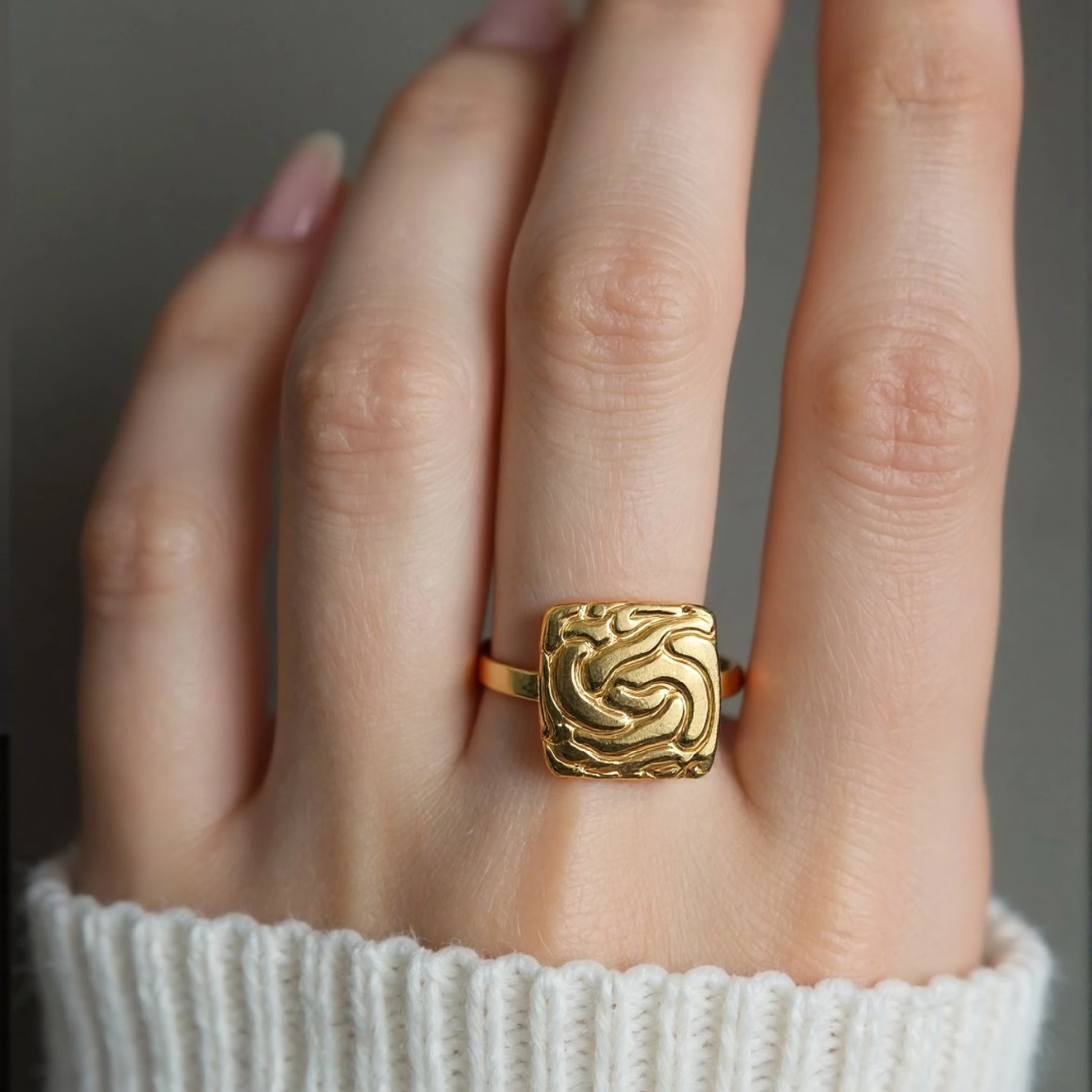 Golden Plated Abstract Swirl Embossed Square Open Adjustable Ring for Women Modern Art Statement Jewelry Gift