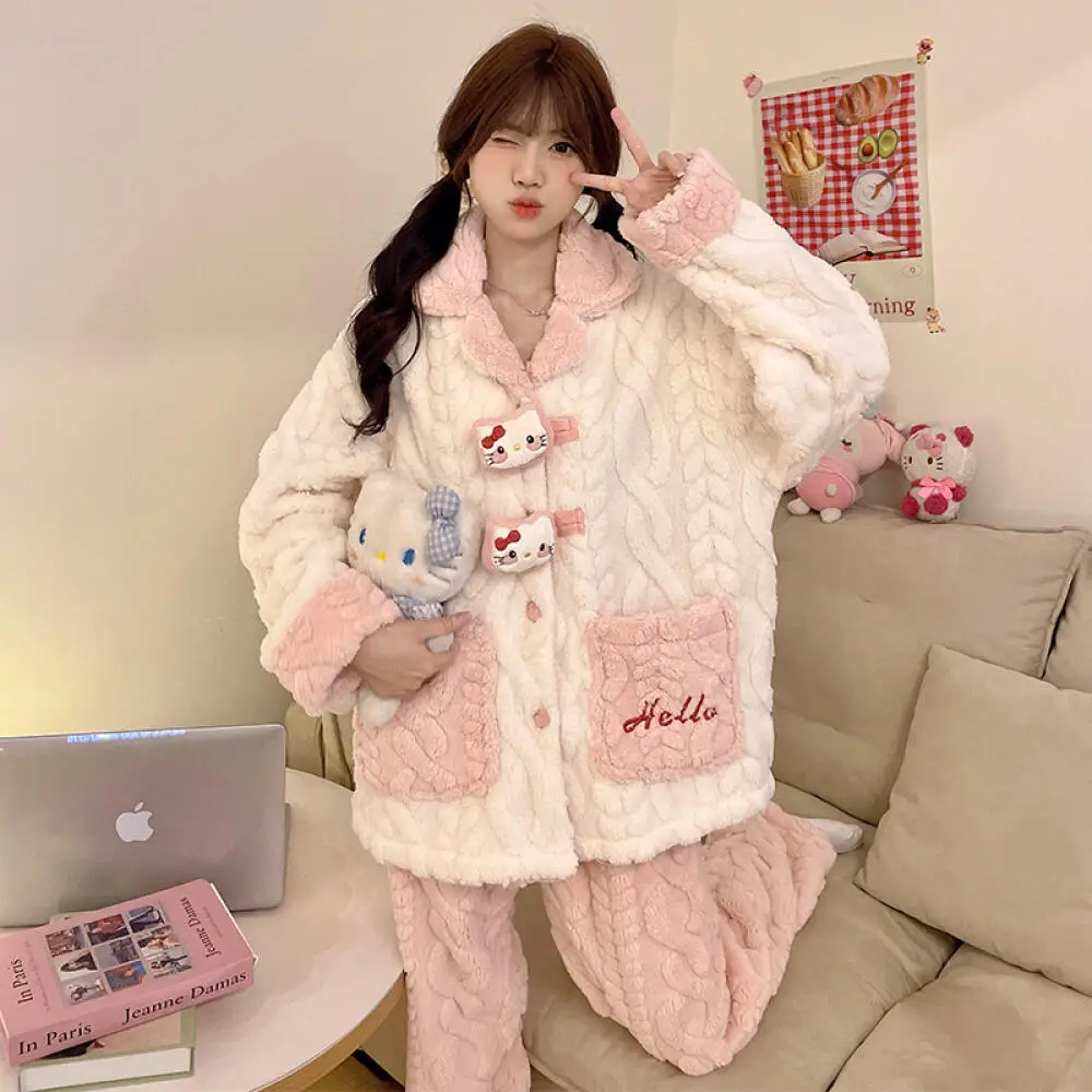 

Kawaii Hello Kitty Women Plush Pajama Set Sanrio Anime Cute Girls Winter Thicken Nightgown Winter Girls Warm Home Clothes Suit