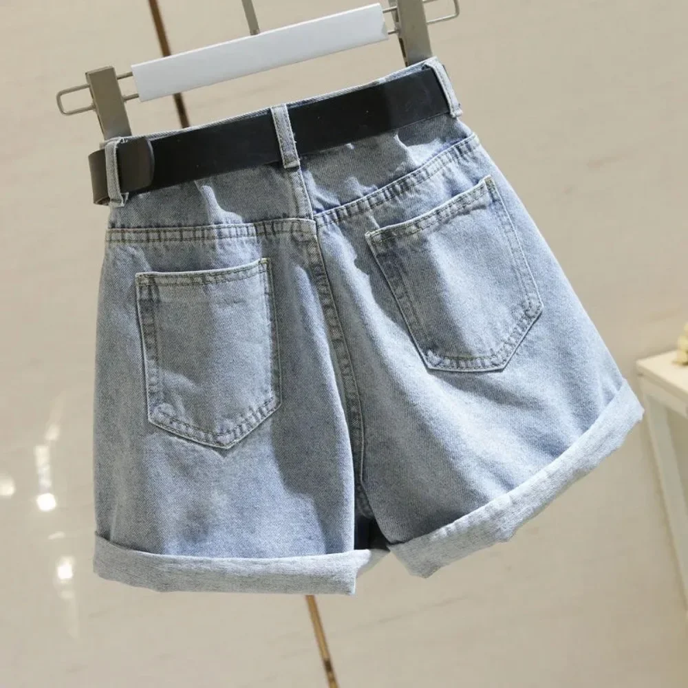 New Summer Women High Waist Wide Leg Denim Shorts Casual Female Loose Fit Streetwear Solid Color Straight Jeans Shorts