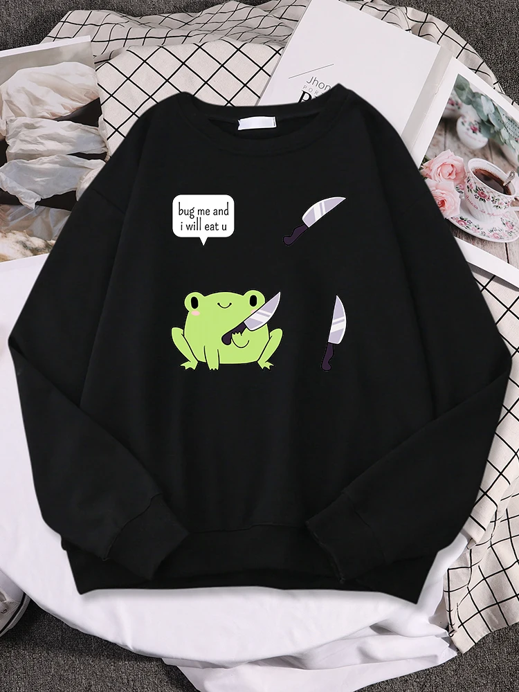 Women Sweatshirts Cute Frog Bug Me And I Will Eat U Print Sweater Lady Oversized Pullover Street Kawaii Animal Female Sweatshirt