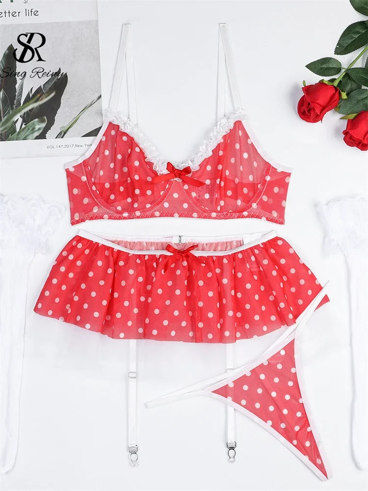 SINGREINY 에로틱 폴카 도트 스플라이싱 섹시 속옷 세트, 가터 슬림 란제리, 여성 러플, 스위트 포르노 브래지어 및 브리프 수트, 패션