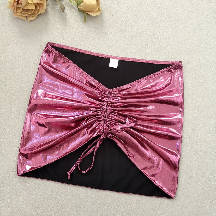 Conjunto de biquíni metálico brilhante de 3 peças feminino com cobertura sexy micro tanga maiô feminino cordão halter roupa de banho beachwear