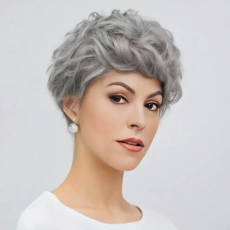 

Synthetic Grey Short Curl Wig for Women Natural Breathable Hair Extension Old Woman Cosplay Head Cover Performance Prop