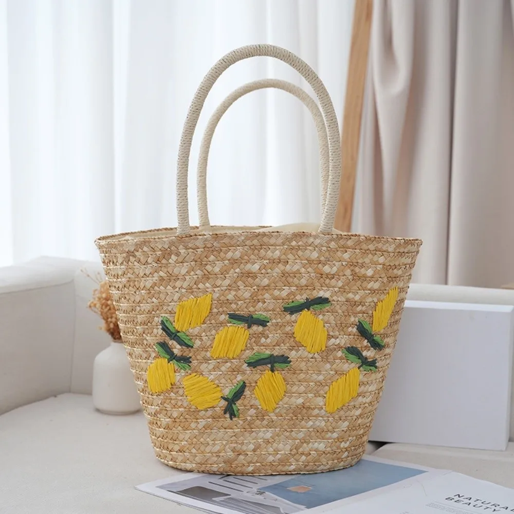 

Handmade Grass Woven Tote Bag Straw Woven Solid Color Embroidery Handbag Hollow Large Capacity Beach Shoulder Bag Casual