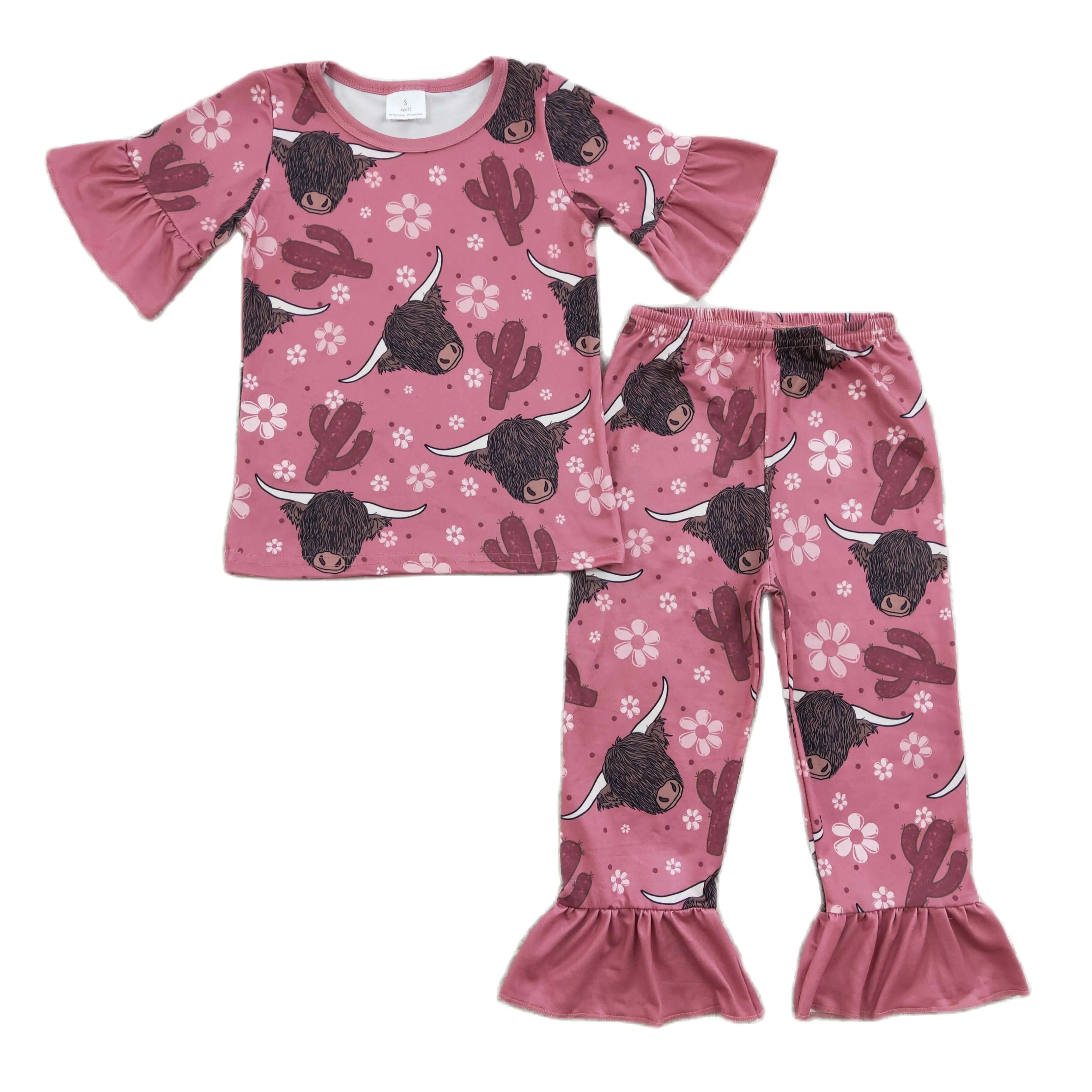 Z801-1 GSPO0326 girl short sleeve cactus and highland cow print pajamas set for summer