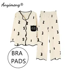 Chest Padded M-3XL Spring New Women Lapel Pajamas Set Long Sleeves Pijamas Faux Cotton Leisure Sleepwear Pyjama Casual Nightwear