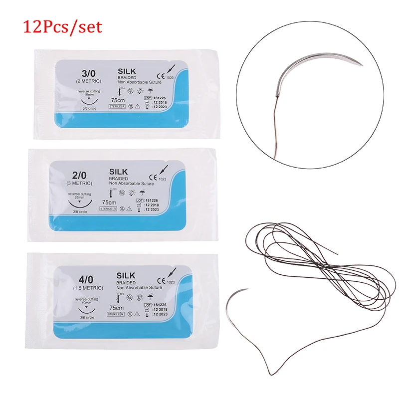 12Pcs 2/0 3/0 4/0 5/0 Medical Needle Suture Nylon Monofilament Thread Suture Practice Kit Teaching Demonstrations Exercises